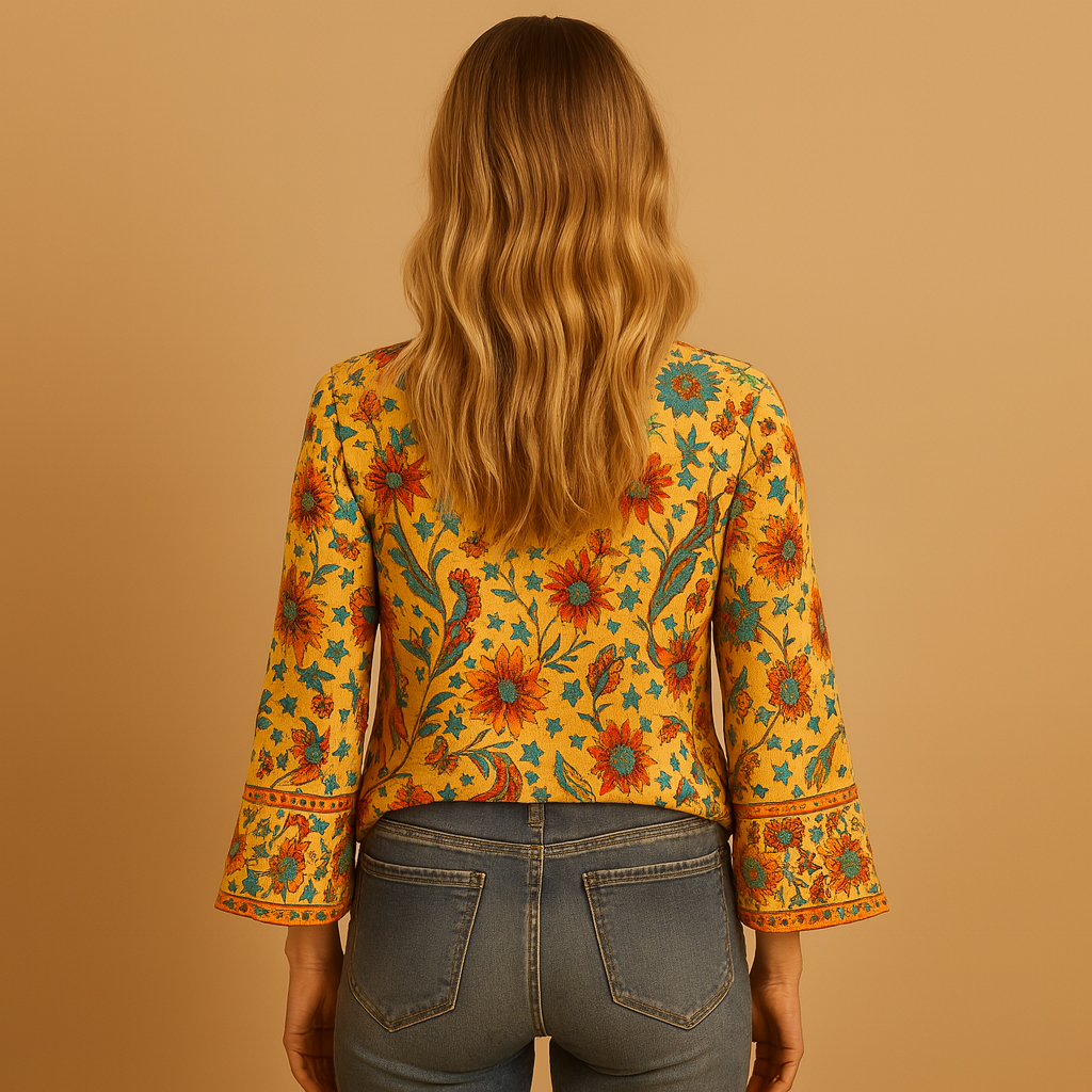 Women’s boho floral print blouse in orange with flared sleeves and high neckline, ideal for spring outings, summer parties, and casual chic wear.