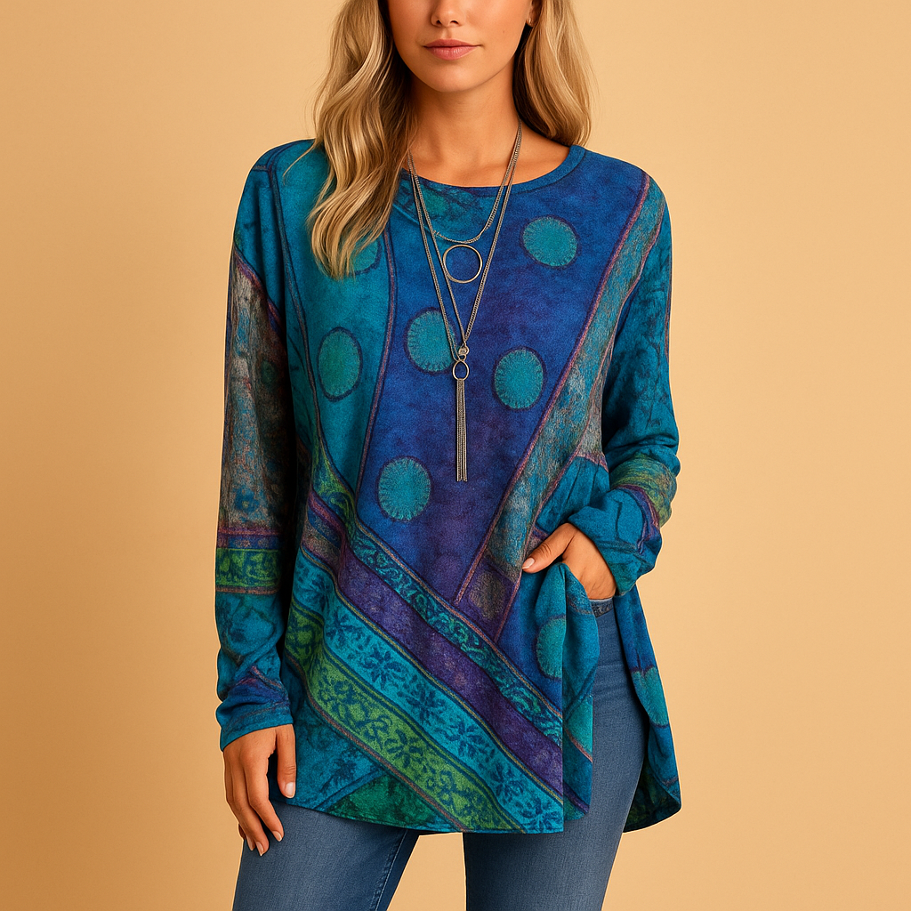 Boho off shoulder top for women with ethnic print in red and blue, featuring long sleeves and relaxed fit, perfect for festivals and summer outfits.