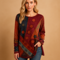 Boho off shoulder top for women with ethnic print in red and blue, featuring long sleeves and relaxed fit, perfect for festivals and summer outfits.
