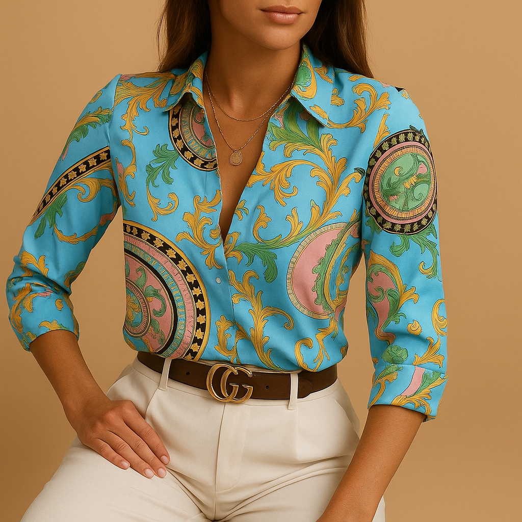 Bold print lightweight blouse for women with flattering fit, ideal for office wear, casual outfits and special occasions.