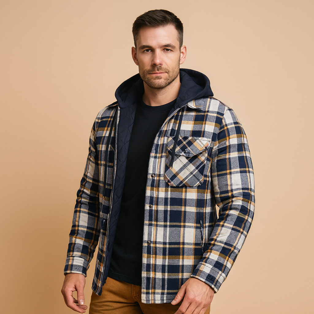 Men’s bomber jacket with hood, warm lining, and wind-resistant design, suitable for winter days, casual outings, and everyday wear.