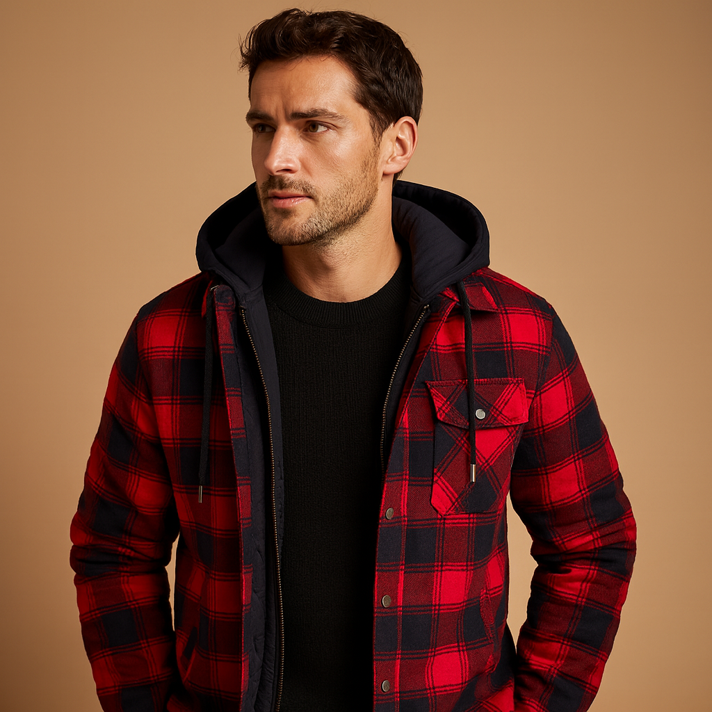 Men’s bomber jacket with hood, warm lining, and wind-resistant design, suitable for winter days, casual outings, and everyday wear.