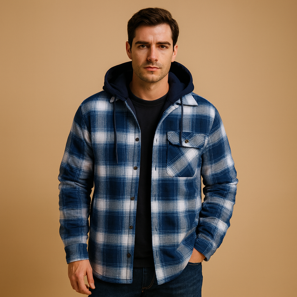 Men’s bomber jacket with hood, warm lining, and wind-resistant design, suitable for winter days, casual outings, and everyday wear.