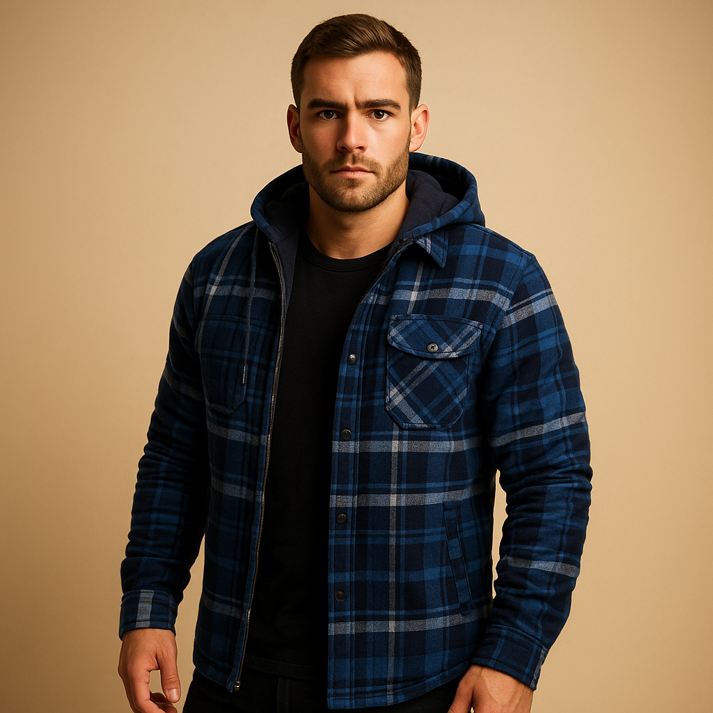 Men’s bomber jacket with hood, warm lining, and wind-resistant design, suitable for winter days, casual outings, and everyday wear.