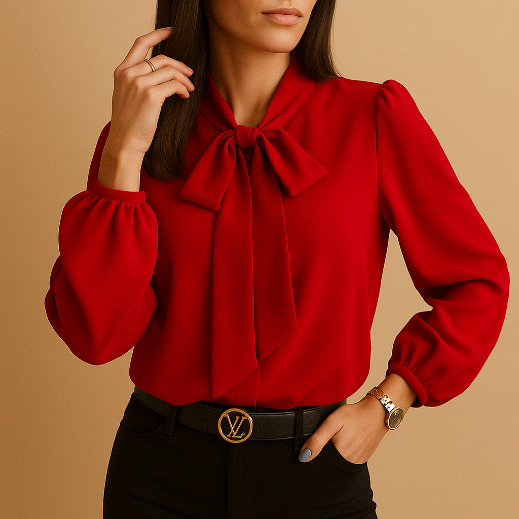 Women’s bow tie neck blouse with loose flattering fit and breathable fabric, ideal for office wear and casual chic outfits.