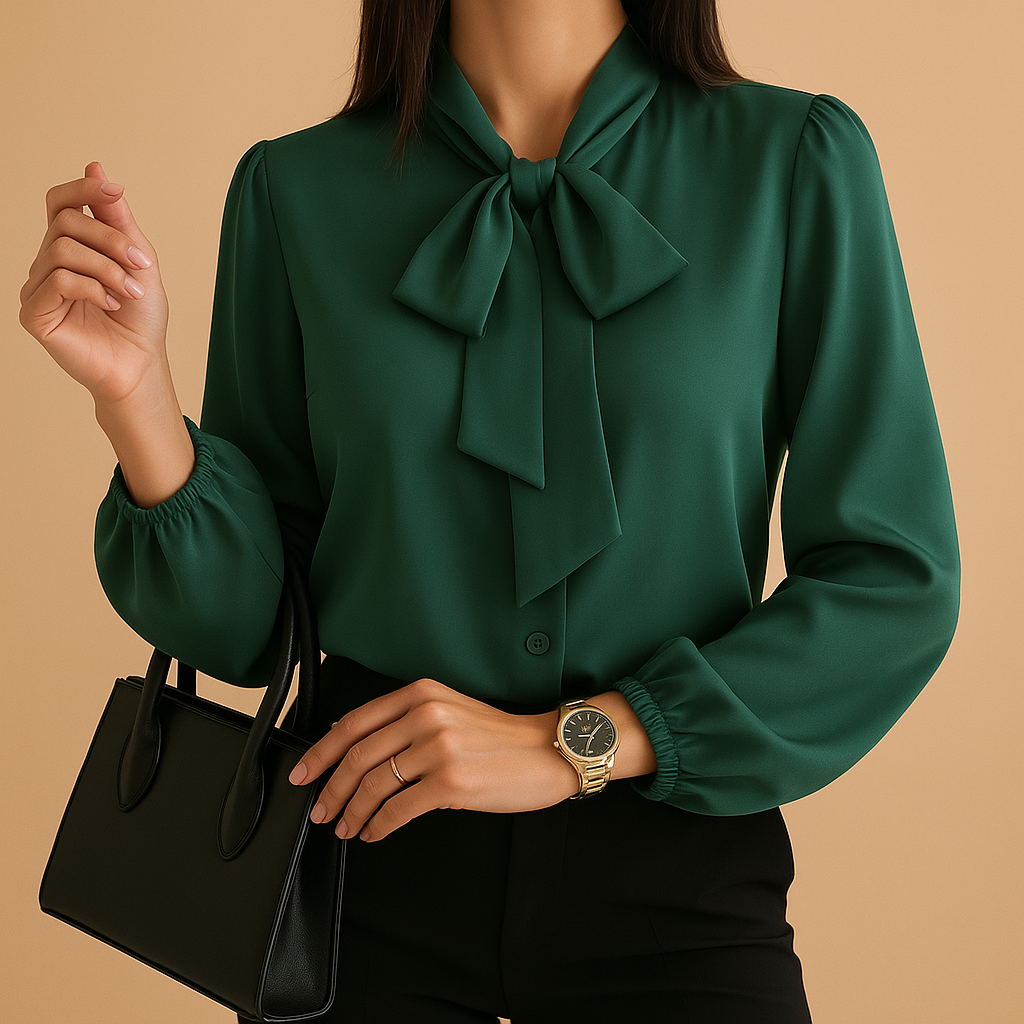 Women’s bow tie neck blouse with loose flattering fit and breathable fabric, ideal for office wear and casual chic outfits.