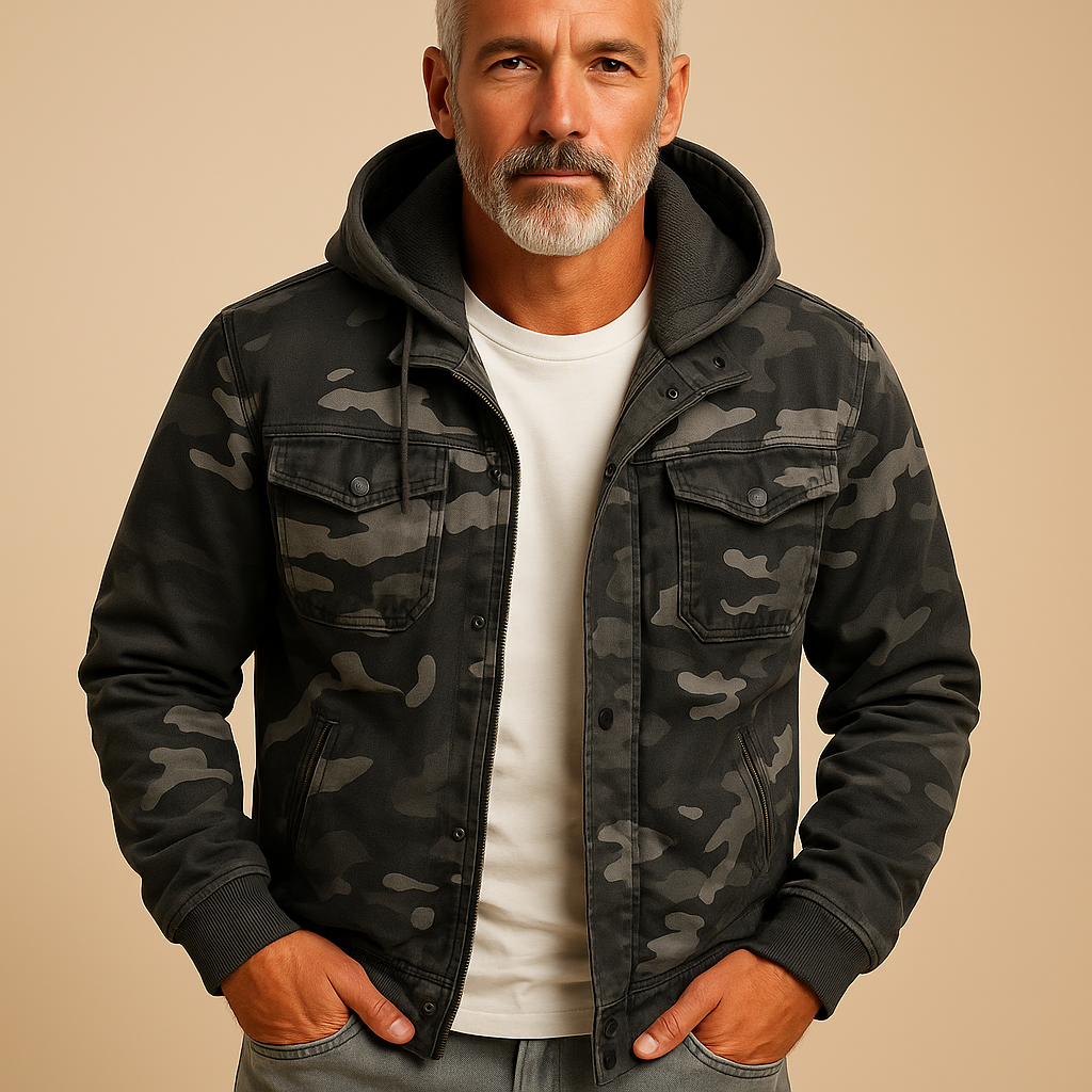 Men’s camouflage outdoor jacket with waterproof design, adjustable cuffs, and deep pockets, suitable for outdoor activities and everyday wear.