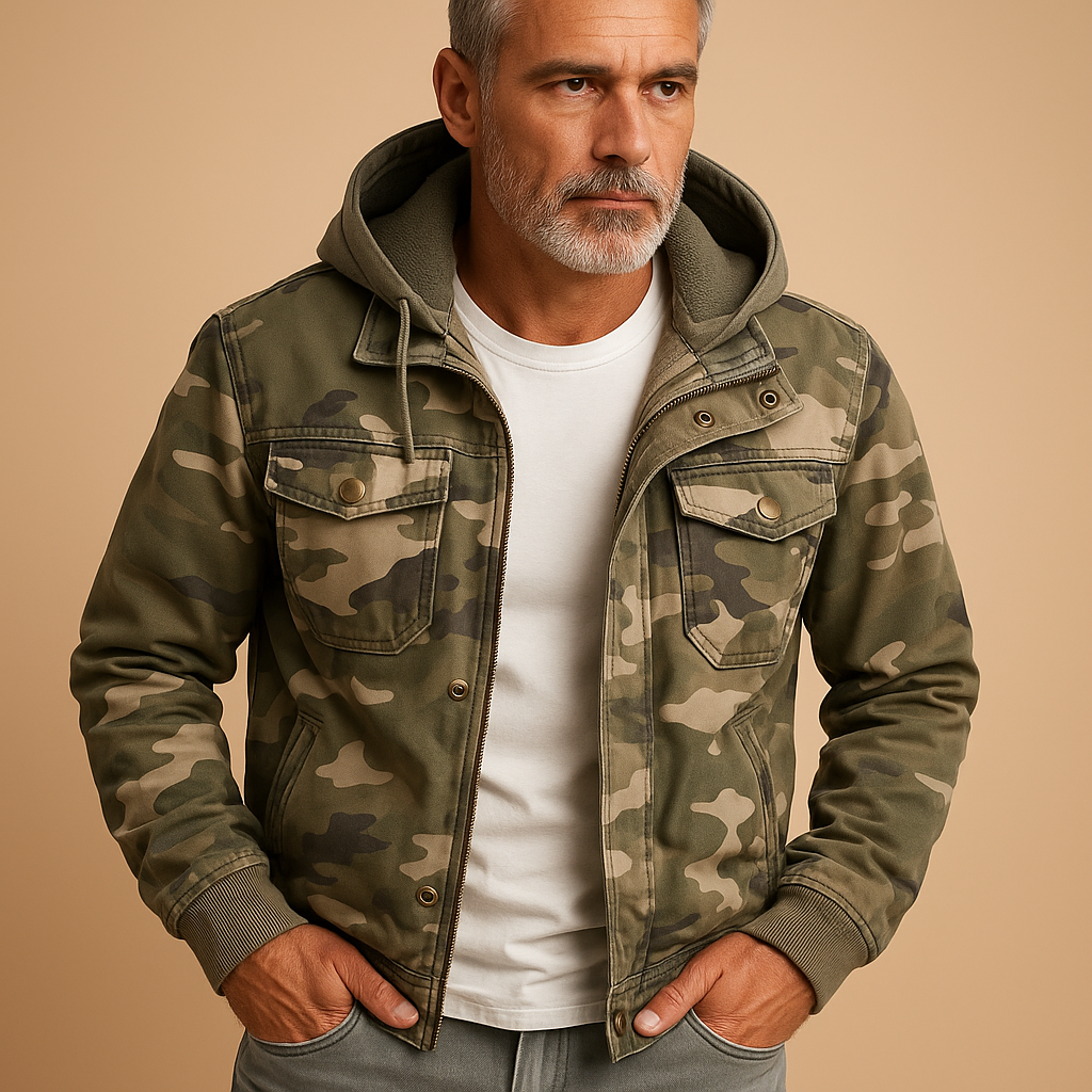 Men’s camouflage outdoor jacket with waterproof design, adjustable cuffs, and deep pockets, suitable for outdoor activities and everyday wear.