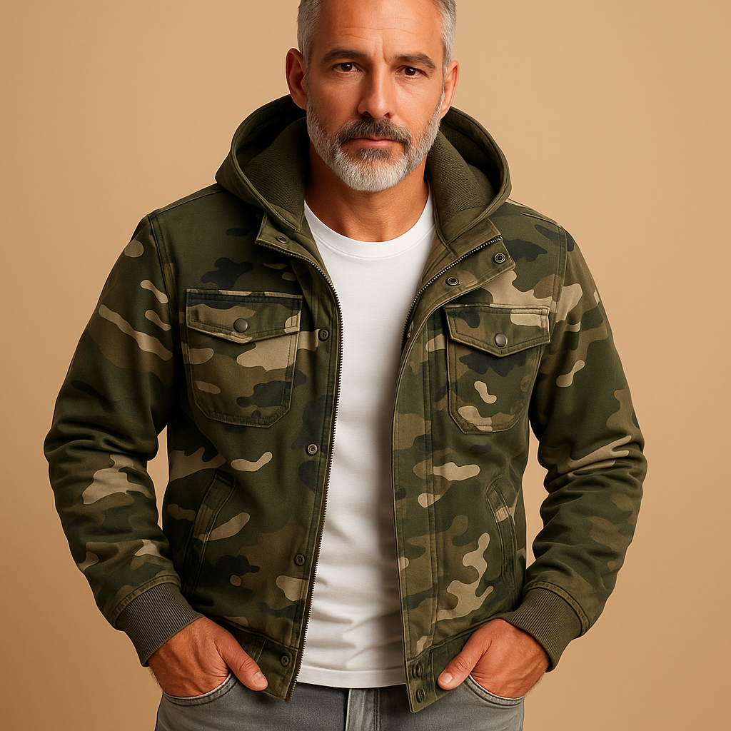Men’s camouflage outdoor jacket with waterproof design, adjustable cuffs, and deep pockets, suitable for outdoor activities and everyday wear.