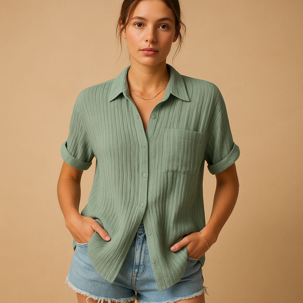 Women’s casual short sleeve polo shirt with classic collar and chest pocket, ideal for summer outings and everyday comfortable wear.