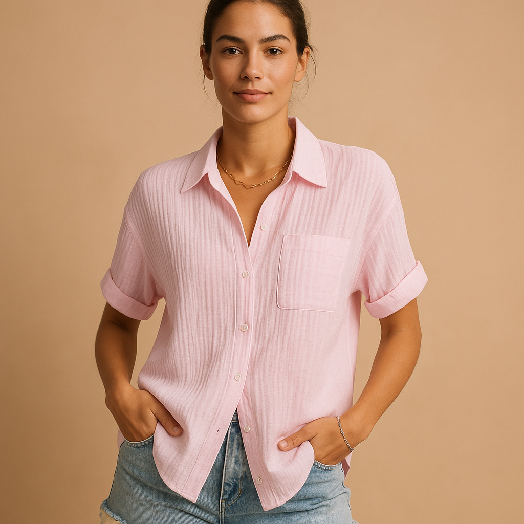 Women’s casual short sleeve polo shirt with classic collar and chest pocket, ideal for summer outings and everyday comfortable wear.