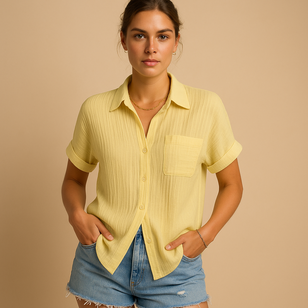 Women’s casual short sleeve polo shirt with classic collar and chest pocket, ideal for summer outings and everyday comfortable wear.
