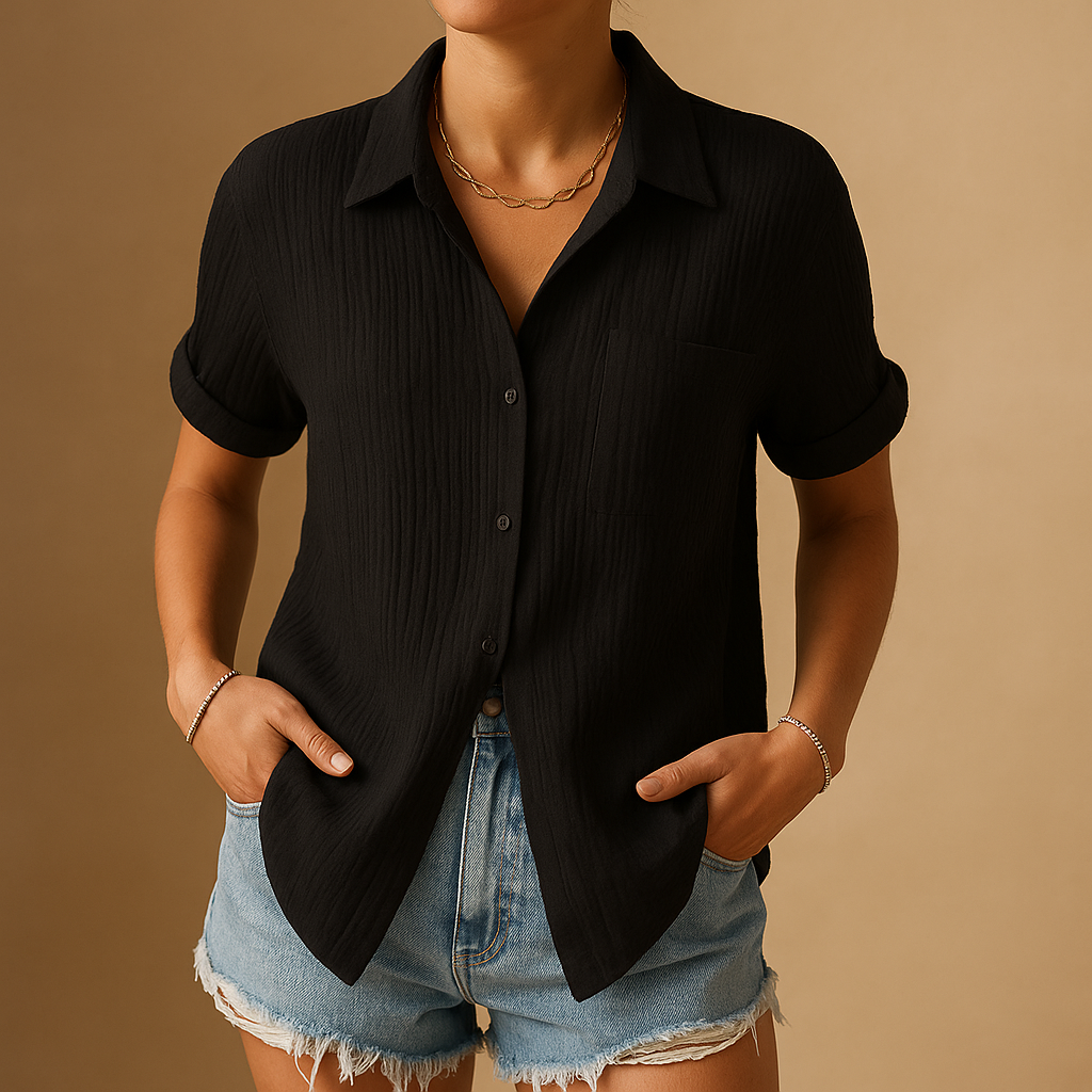 Women’s casual short sleeve polo shirt with classic collar and chest pocket, ideal for summer outings and everyday comfortable wear.