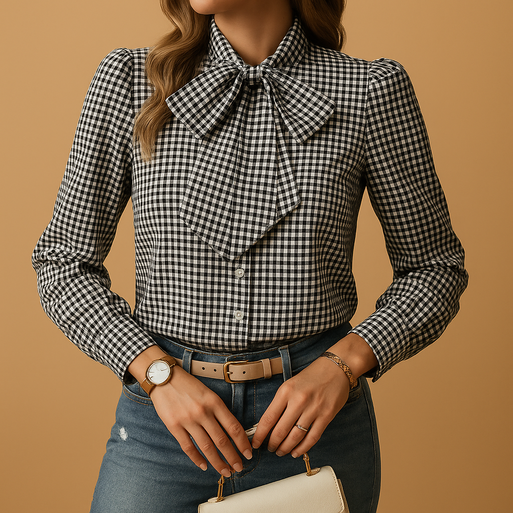 Checked bow detail blouse for women with classic plaid pattern, ideal for office wear, brunch and casual everyday outfits.