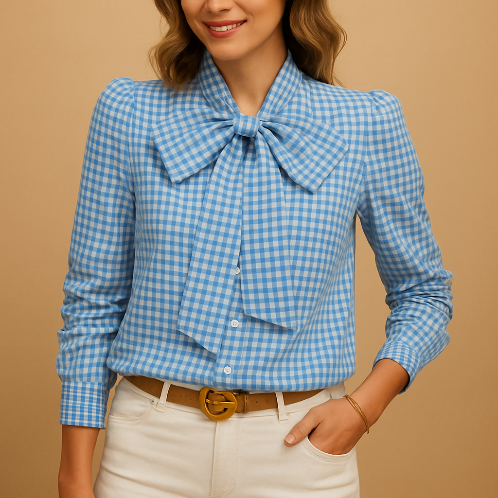 Checked bow detail blouse for women with classic plaid pattern, ideal for office wear, brunch and casual everyday outfits.