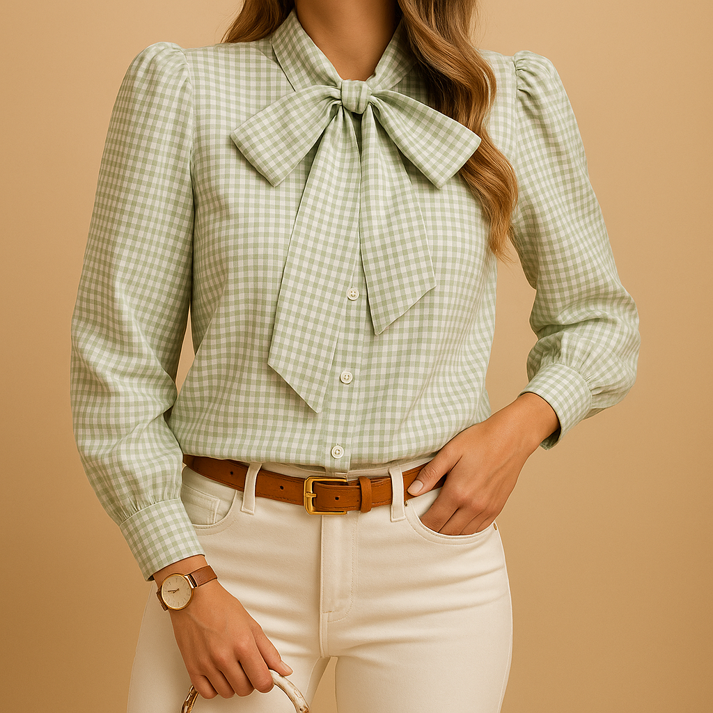 Checked bow detail blouse for women with classic plaid pattern, ideal for office wear, brunch and casual everyday outfits.