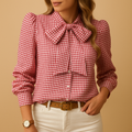 Checked bow detail blouse for women with classic plaid pattern, ideal for office wear, brunch and casual everyday outfits.