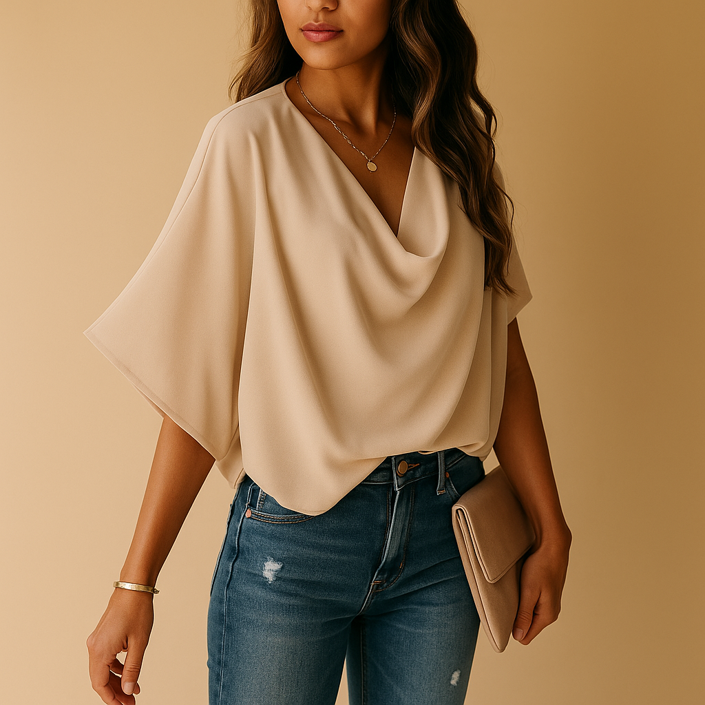 Women’s chiffon blouse with batwing sleeves and V-neck in a relaxed flowing fit, ideal for office wear, casual outfits, and evening occasions.