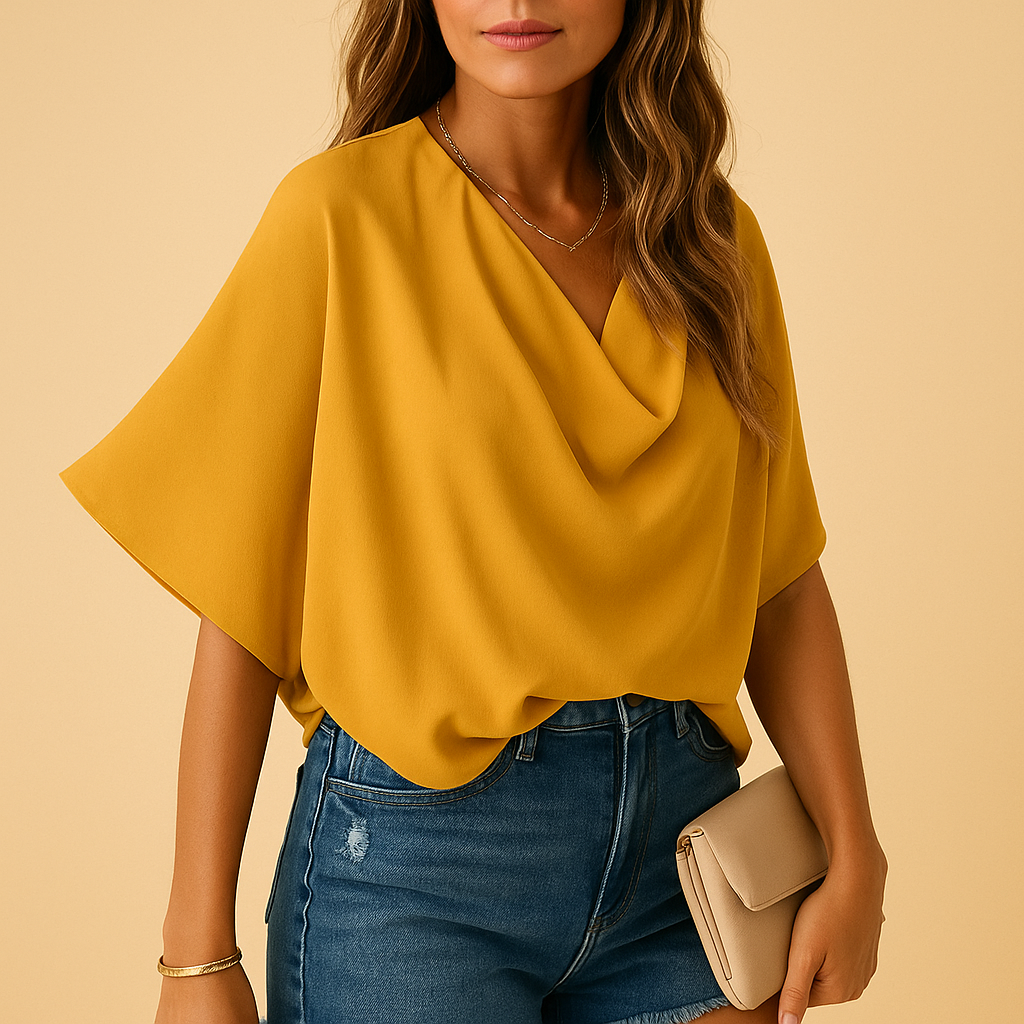 Women’s chiffon blouse with batwing sleeves and V-neck in a relaxed flowing fit, ideal for office wear, casual outfits, and evening occasions.