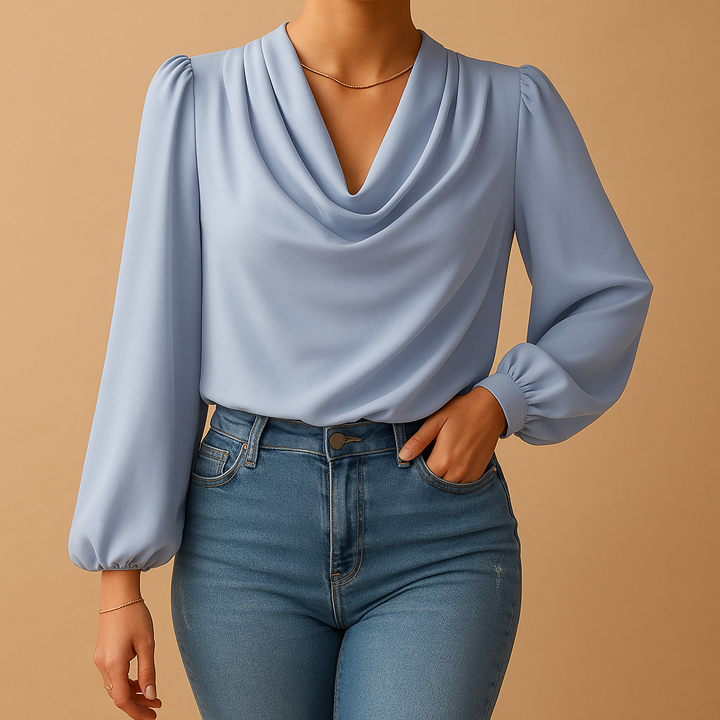 Women’s chiffon V-neck puff sleeve blouse in beige, pink, or blue with relaxed fit, ideal for summer outings and formal occasions.