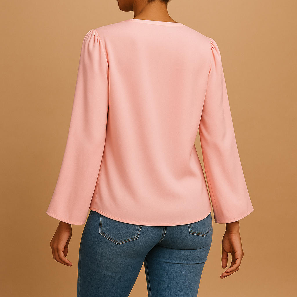 Women’s chiffon V-neck puff sleeve blouse in beige, pink, or blue with relaxed fit, ideal for summer outings and formal occasions.