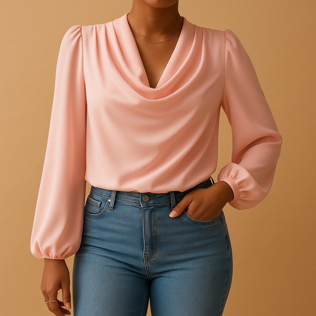 Women’s chiffon V-neck puff sleeve blouse in beige, pink, or blue with relaxed fit, ideal for summer outings and formal occasions.