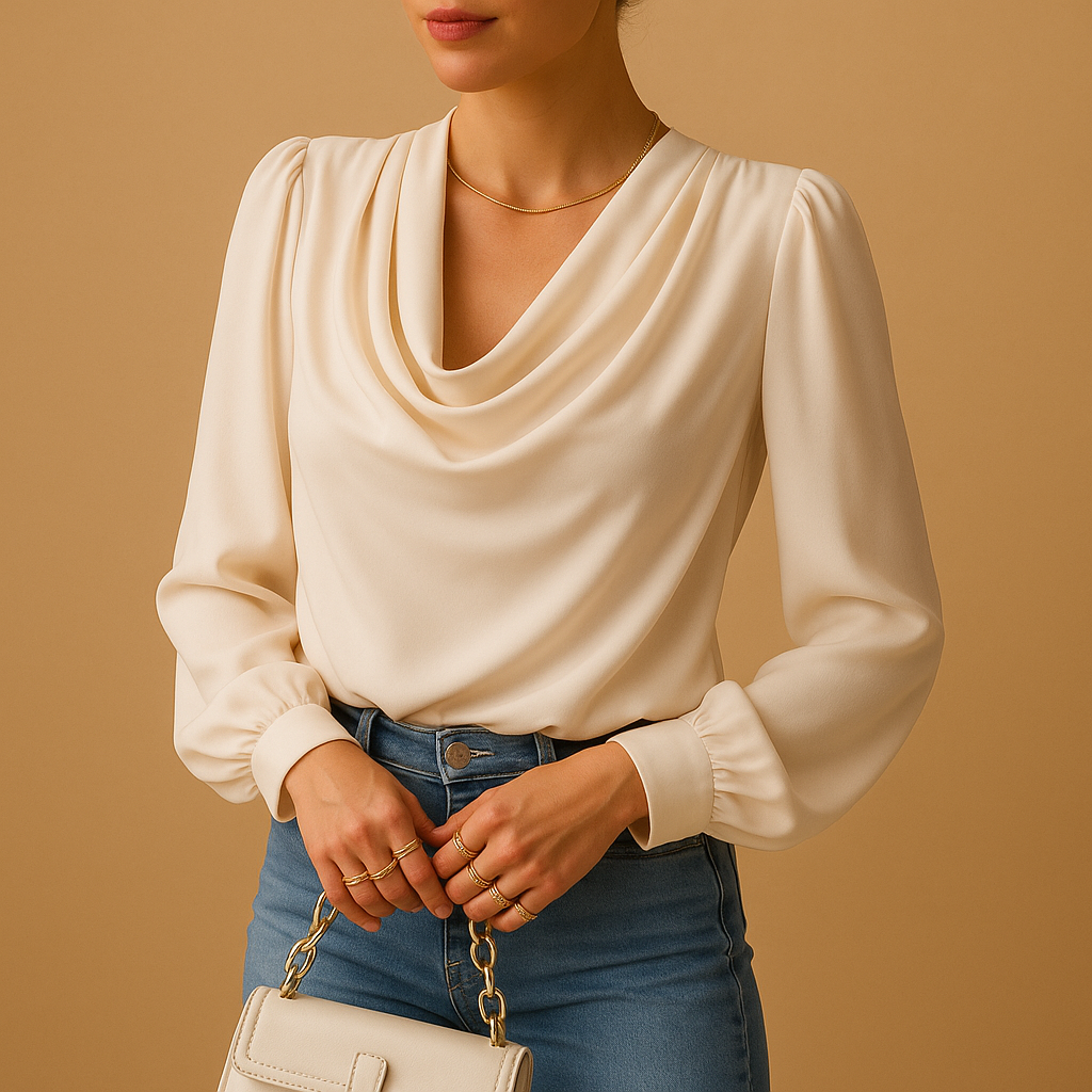 Women’s chiffon V-neck puff sleeve blouse in beige, pink, or blue with relaxed fit, ideal for summer outings and formal occasions.
