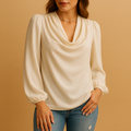 Women’s chiffon V-neck puff sleeve blouse in beige, pink, or blue with relaxed fit, ideal for summer outings and formal occasions.