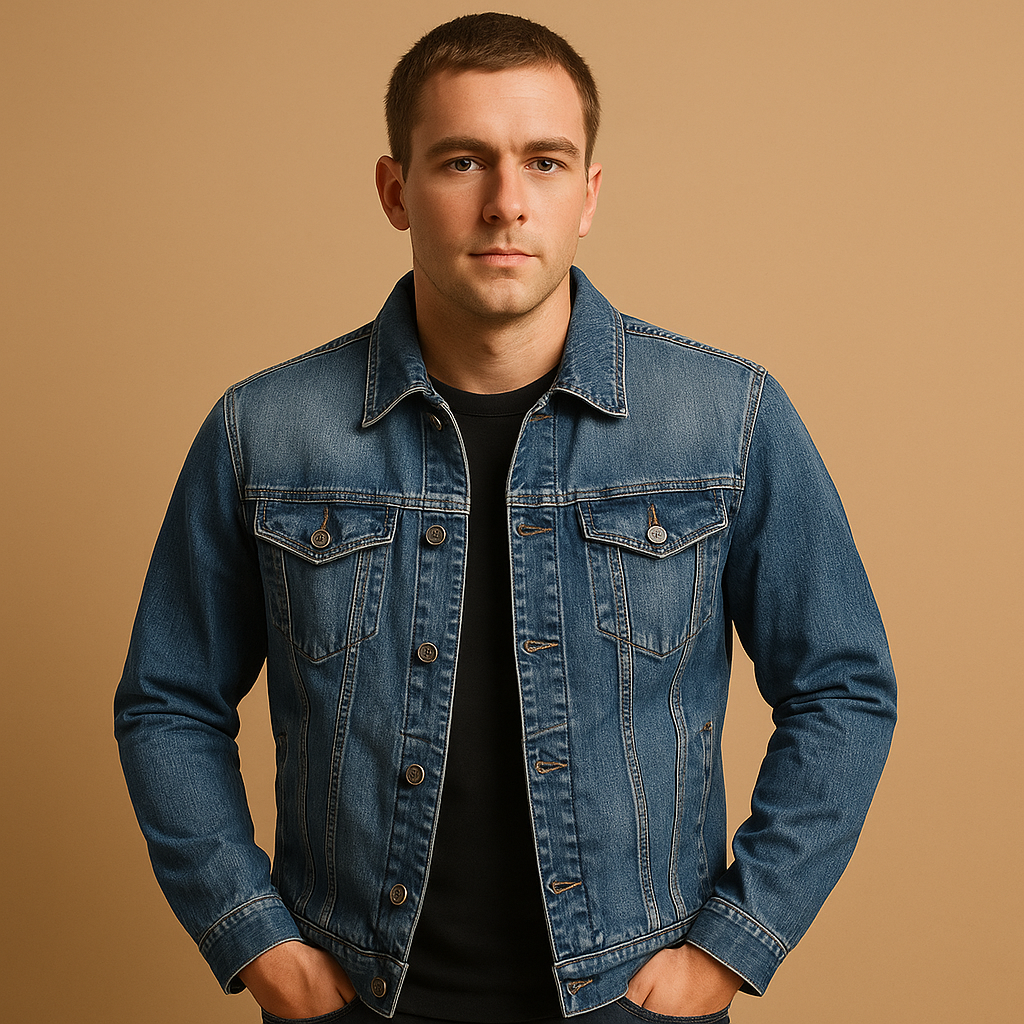 Men’s classic denim jacket in deep blue with a comfortable fit, suitable for everyday wear, casual outfits, and outdoor days.