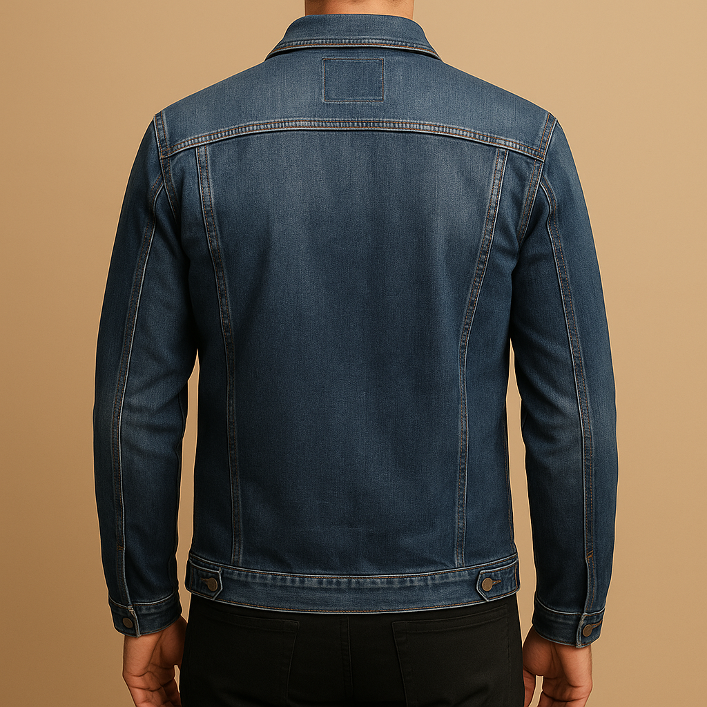Men’s classic denim jacket in deep blue with a comfortable fit, suitable for everyday wear, casual outfits, and outdoor days.