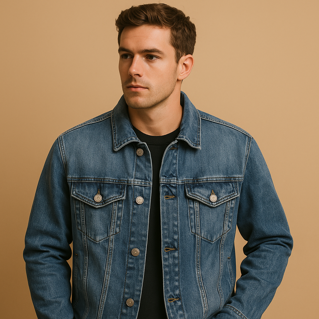 Men’s classic denim jacket in deep blue with a comfortable fit, suitable for everyday wear, casual outfits, and outdoor days.