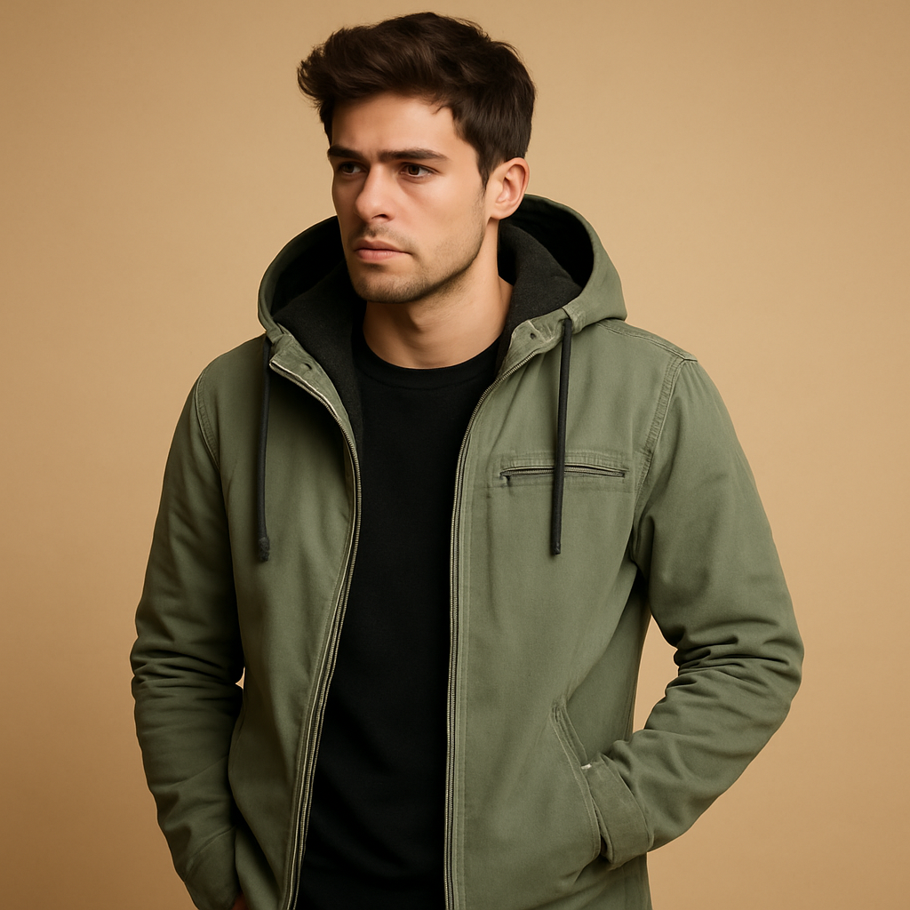 Classic hooded zip-up sweatshirt for men with a soft inner lining, relaxed fit, and adjustable hood, ideal for everyday wear in cool seasons.