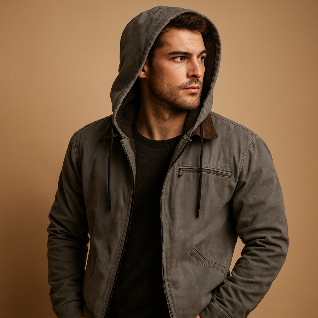 Classic hooded zip-up sweatshirt for men with a soft inner lining, relaxed fit, and adjustable hood, ideal for everyday wear in cool seasons.