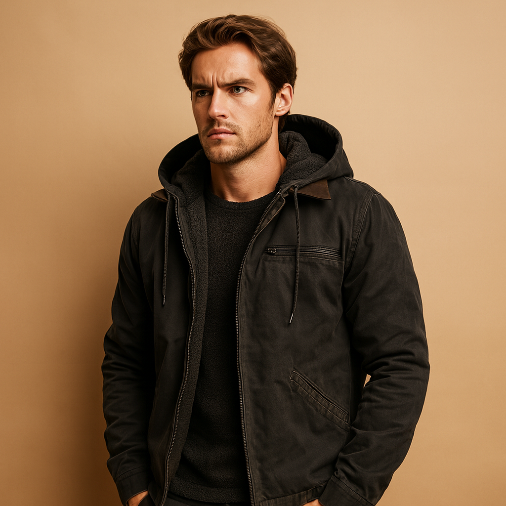 Classic hooded zip-up sweatshirt for men with a soft inner lining, relaxed fit, and adjustable hood, ideal for everyday wear in cool seasons.