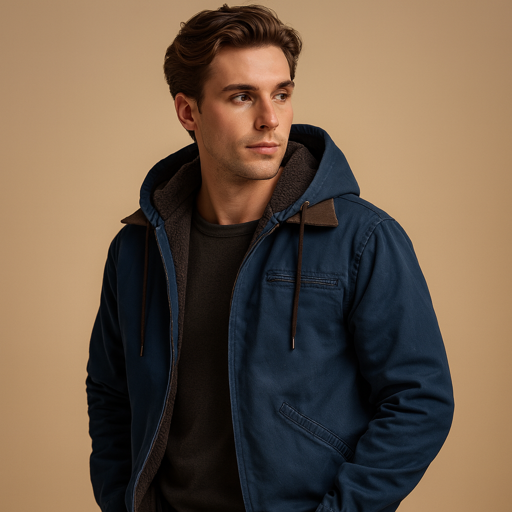 Classic hooded zip-up sweatshirt for men with a soft inner lining, relaxed fit, and adjustable hood, ideal for everyday wear in cool seasons.