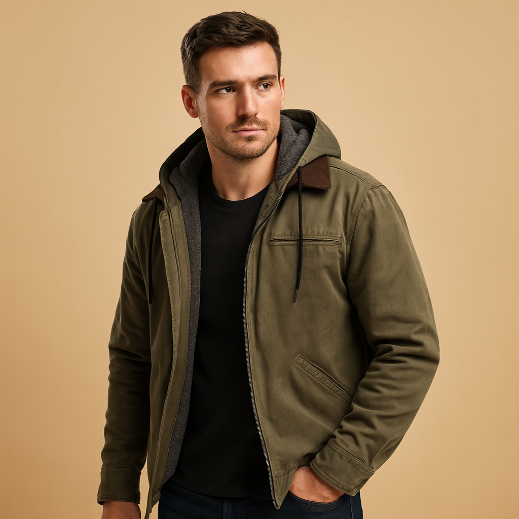 Classic hooded zip-up sweatshirt for men with a soft inner lining, relaxed fit, and adjustable hood, ideal for everyday wear in cool seasons.