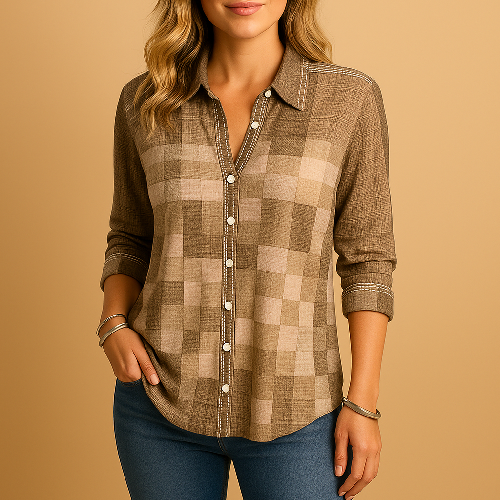 Women’s classic plaid breathable blouse with relaxed fit and elegant design, suitable for everyday outfits and semi-formal occasions.