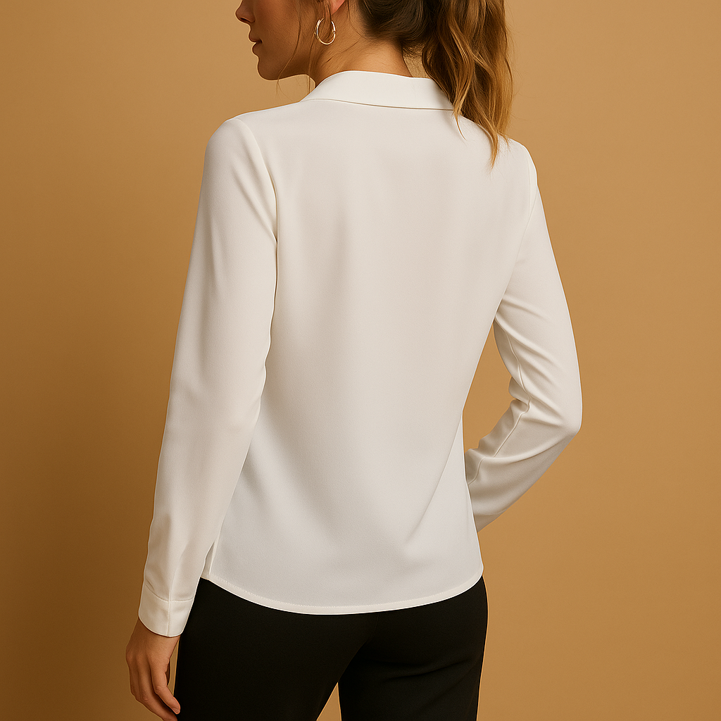 Women’s classic solid blouse with tailored fit and button closure, ideal for office wear, formal meetings, and elegant evening outfits.