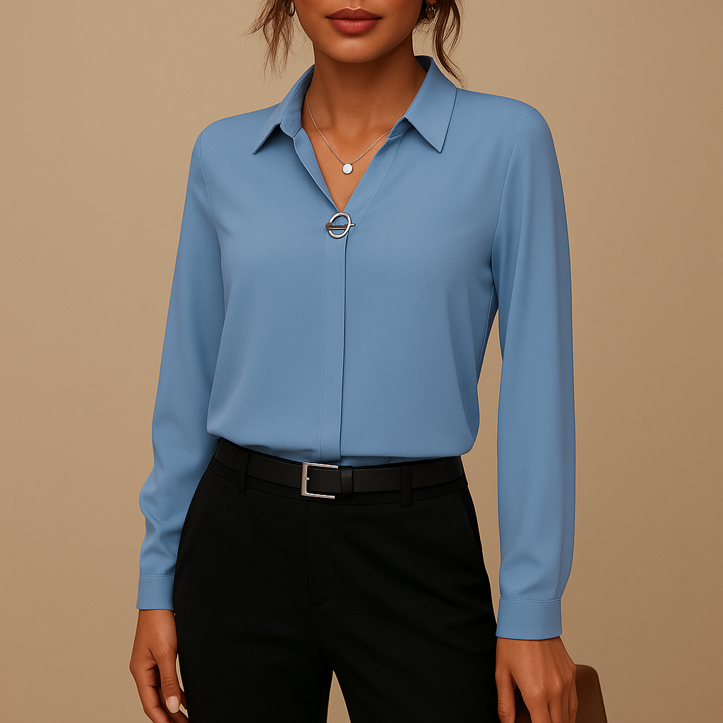 Women’s classic solid blouse with tailored fit and button closure, ideal for office wear, formal meetings, and elegant evening outfits.