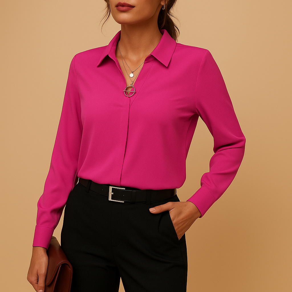 Women’s classic solid blouse with tailored fit and button closure, ideal for office wear, formal meetings, and elegant evening outfits.