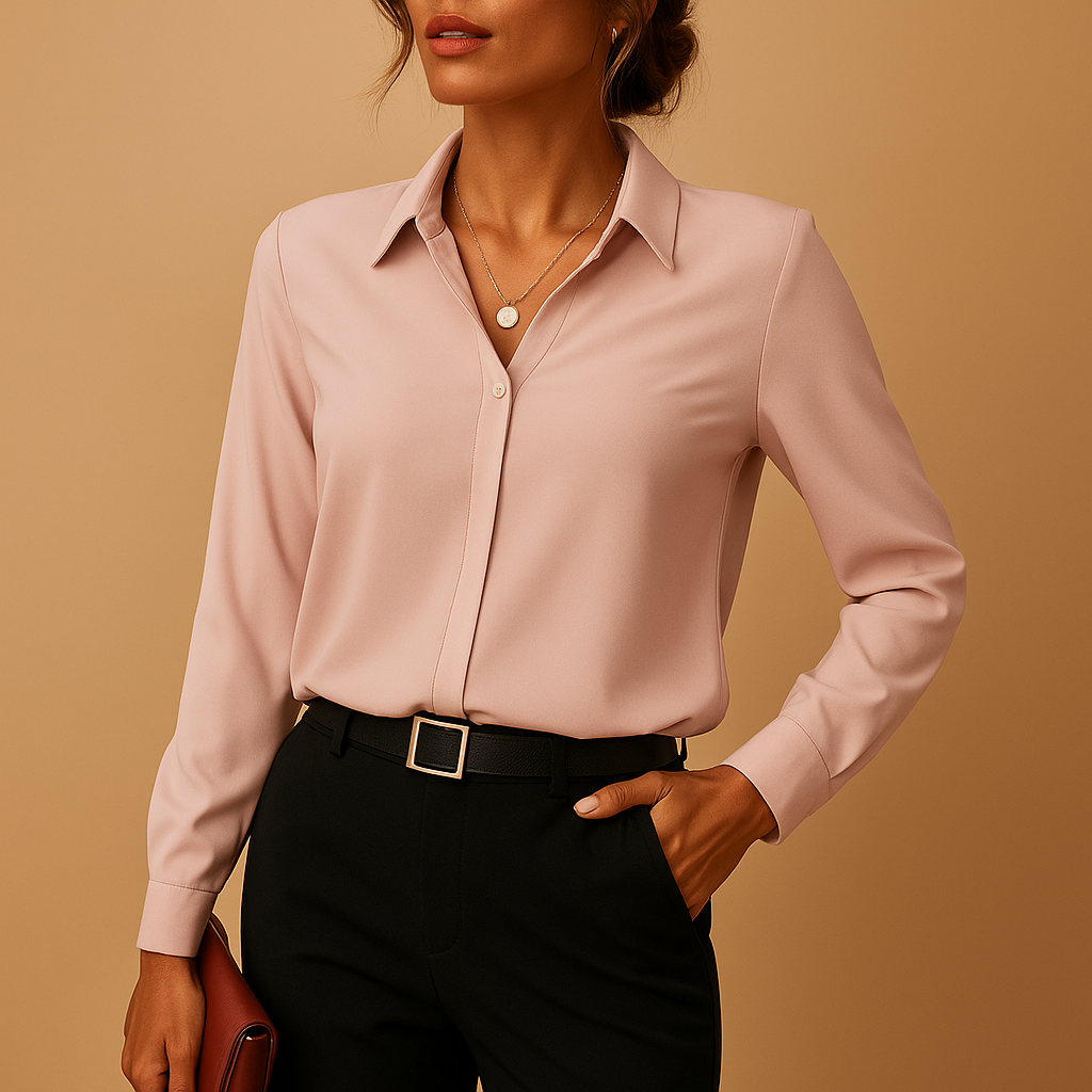 Women’s classic solid blouse with tailored fit and button closure, ideal for office wear, formal meetings, and elegant evening outfits.