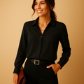 Women’s classic solid blouse with tailored fit and button closure, ideal for office wear, formal meetings, and elegant evening outfits.