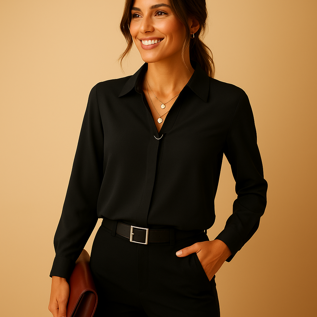 Women’s classic solid blouse with tailored fit and button closure, ideal for office wear, formal meetings, and elegant evening outfits.