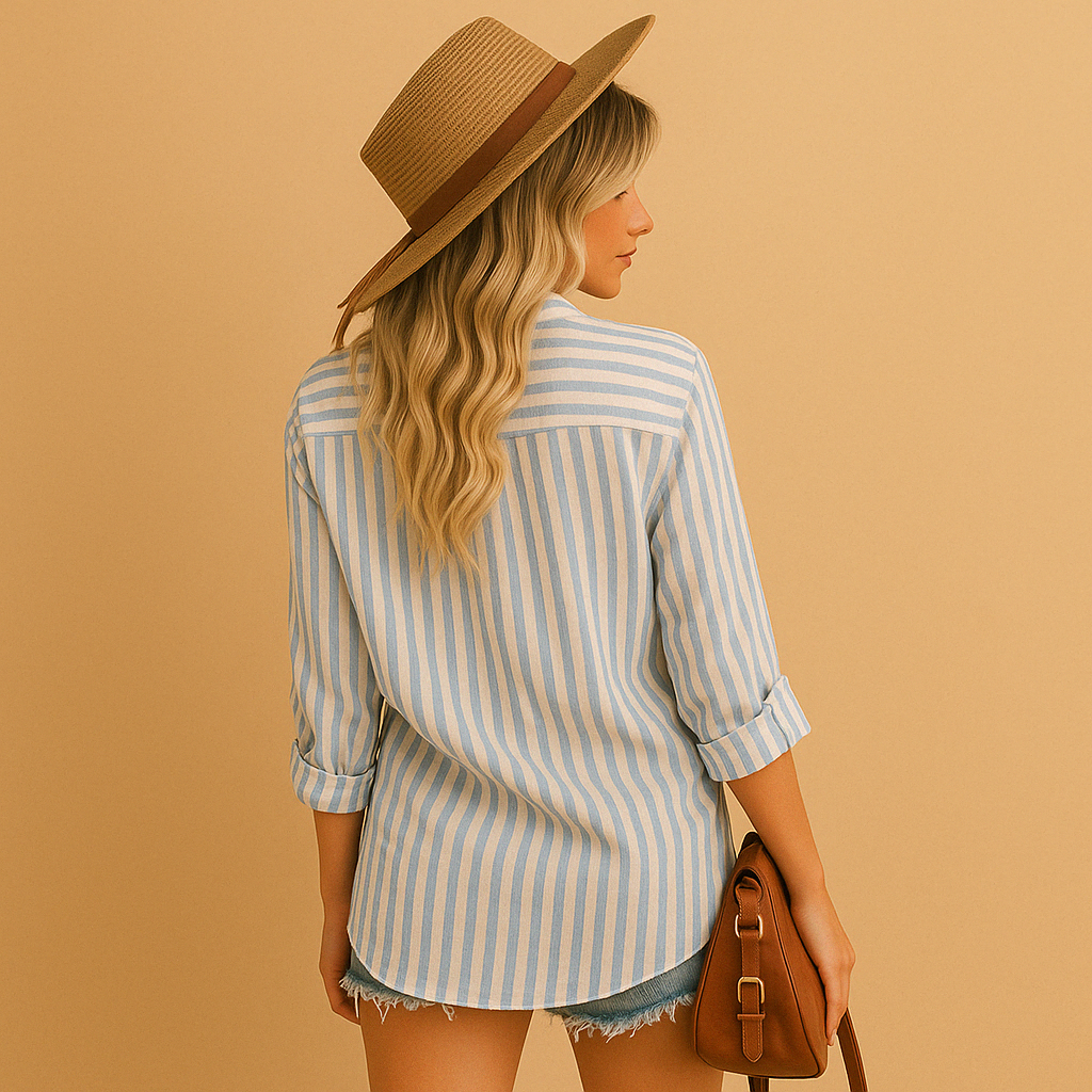 Classic striped long sleeve blouse for women with tailored fit, ideal for office wear, casual outfits and formal occasions year round.