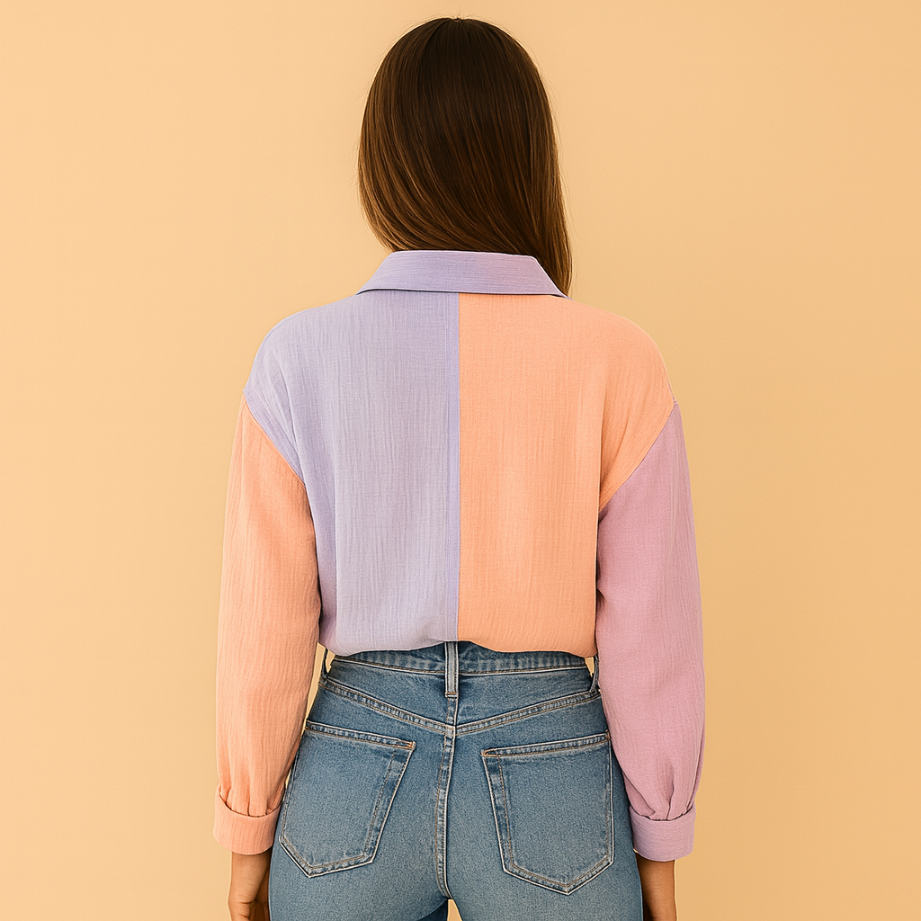 Women’s colorful patchwork blouse with a lightweight fit and vibrant patchwork design, ideal for casual outings or semi-formal occasions.
