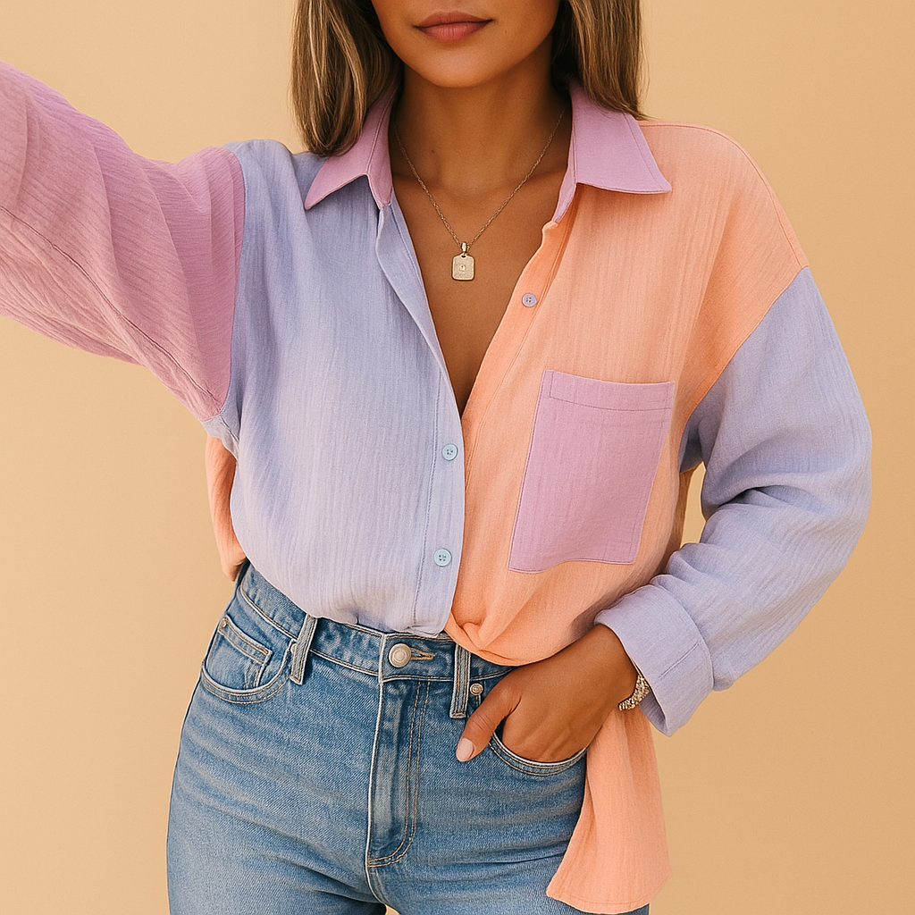 Women’s colorful patchwork blouse with a lightweight fit and vibrant patchwork design, ideal for casual outings or semi-formal occasions.