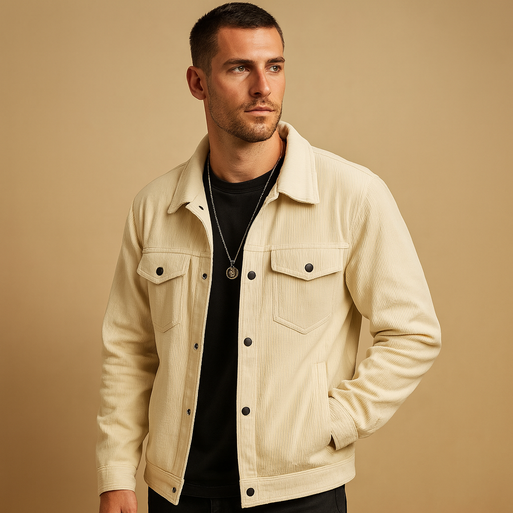 Men’s corduroy jacket with a relaxed fit and versatile design, suitable for everyday wear, casual outings, and multiple seasons.