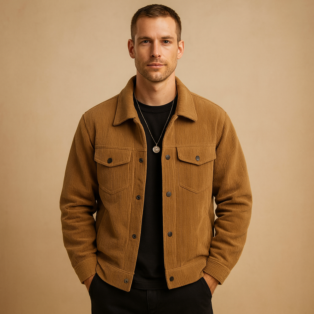 Men’s corduroy jacket with a relaxed fit and versatile design, suitable for everyday wear, casual outings, and multiple seasons.