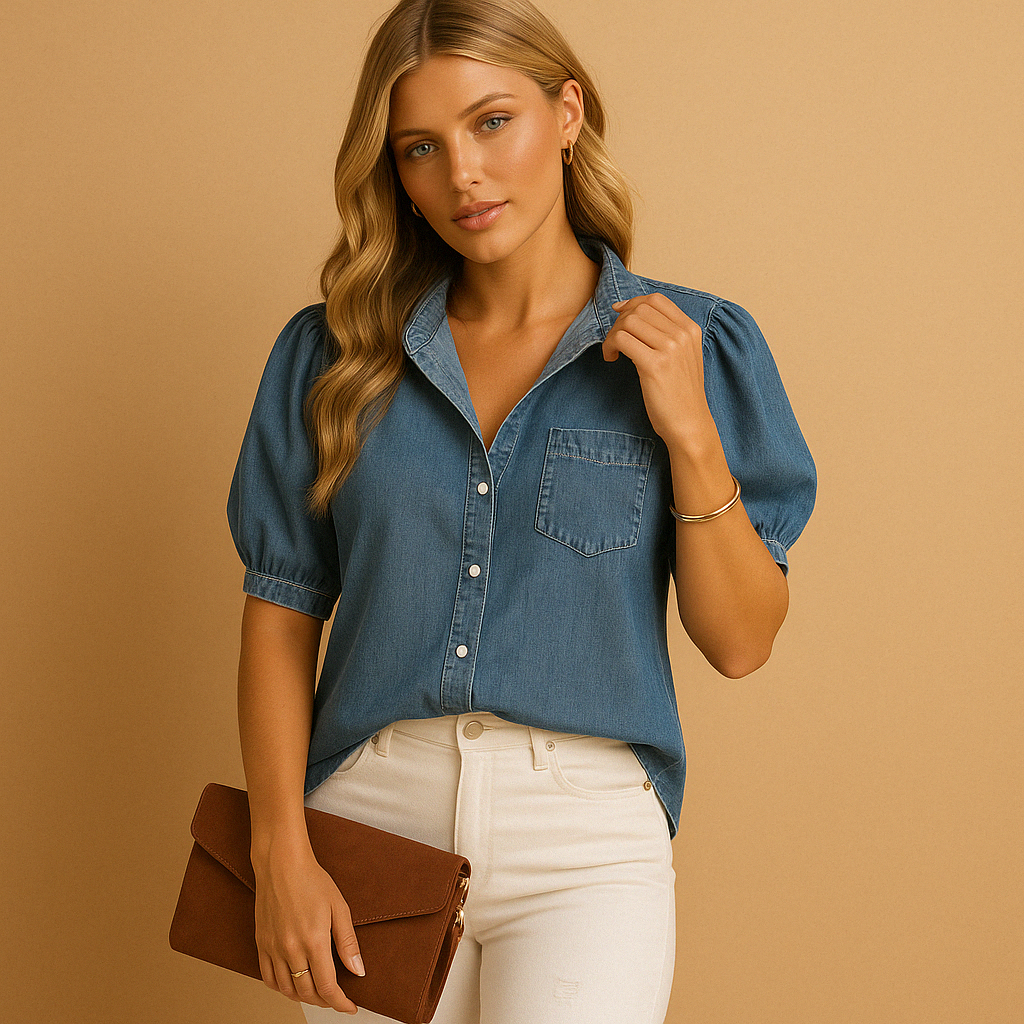 Women’s classic blue denim button up blouse with long sleeves and tailored fit, ideal for autumn outfits, workwear, and casual styling.