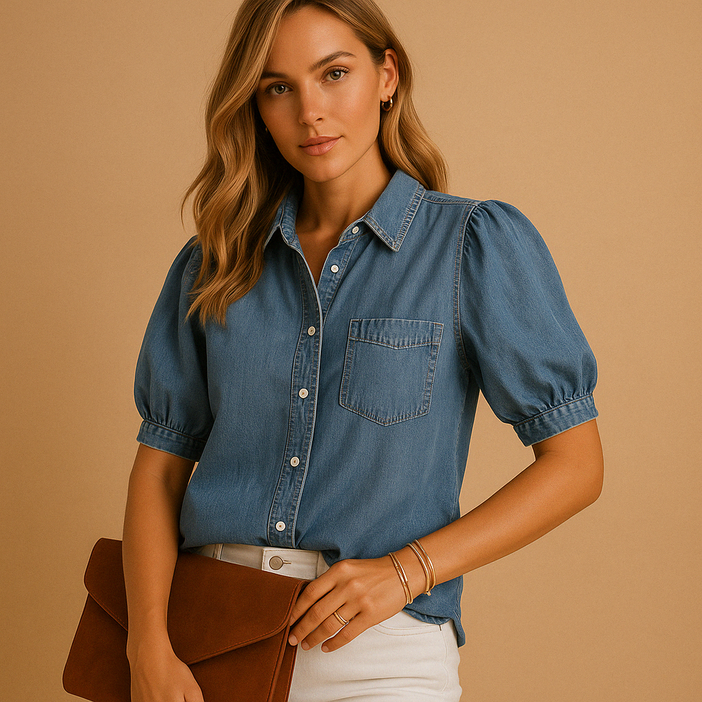 Women’s classic blue denim button up blouse with long sleeves and tailored fit, ideal for autumn outfits, workwear, and casual styling.